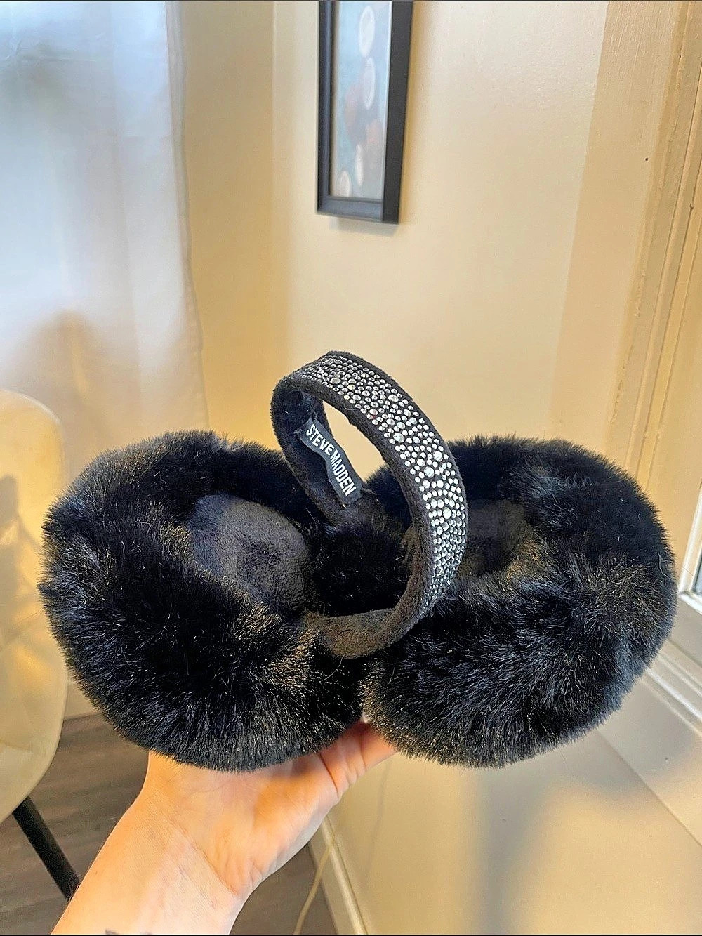 NWOT Steve Madden Faux Fur Earmuffs with a Rhinestone Band in Black